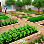 **A vibrant school garden with students, teachers, and parents working together.  Vegetables, flowers, and herbs are growing.  Illustrate sustainable agriculture, biodiversity, and community spirit. Arabic calligraphy elements subtly integrated into the garden design.**