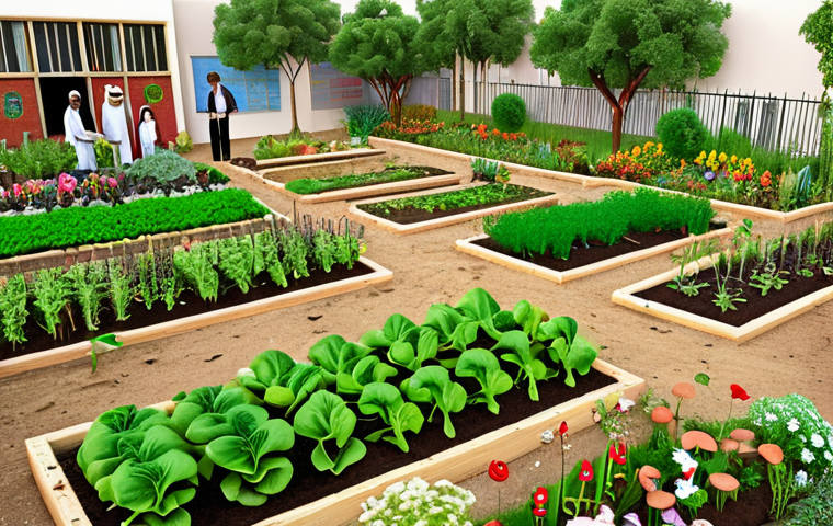 **A vibrant school garden with students, teachers, and parents working together. Vegetables, flowers, and herbs are growing. Illustrate sustainable agriculture, biodiversity, and community spirit. Arabic calligraphy elements subtly integrated into the garden design.**