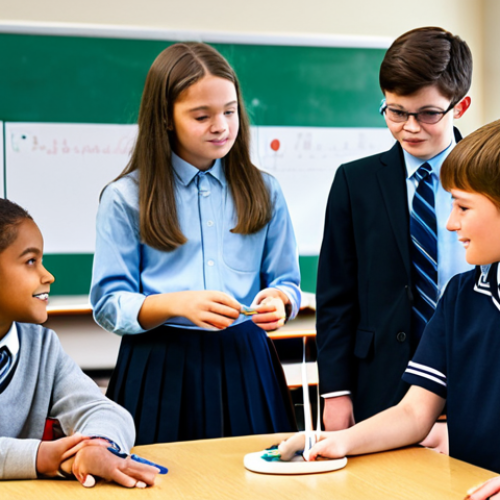 Home 6 A diverse group of middle school students, boys and girls, fully clothed in modest school uniforms, actively engaged in a hands-on science project within a bright, modern classroom designed like a workshop. They are gathered around a table, collaborating and interacting with a detailed 3D model, perhaps a human heart model or a miniature wind turbine. The students are pointing, discussing, and using colorful materials, demonstrating deep engagement and discovery. A female teacher, in professional dress, observes and provides guidance from the background. The atmosphere is vibrant and collaborative. Professional photography, high detail, realistic, perfect anatomy, correct proportions, natural pose, well-formed hands, proper finger count, natural body proportions, safe for work, appropriate content, fully clothed, modest clothing, family-friendly.