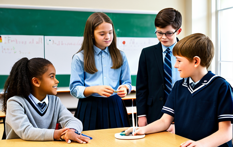 A diverse group of middle school students, boys and girls, fully clothed in modest school uniforms, actively engaged in a hands-on science project within a bright, modern classroom designed like a workshop. They are gathered around a table, collaborating and interacting with a detailed 3D model, perhaps a human heart model or a miniature wind turbine. The students are pointing, discussing, and using colorful materials, demonstrating deep engagement and discovery. A female teacher, in professional dress, observes and provides guidance from the background. The atmosphere is vibrant and collaborative. Professional photography, high detail, realistic, perfect anatomy, correct proportions, natural pose, well-formed hands, proper finger count, natural body proportions, safe for work, appropriate content, fully clothed, modest clothing, family-friendly.