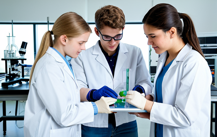 **
"A group of fully clothed students collaborating on a science experiment in a modern laboratory, appropriate attire, safe for work, perfect anatomy, correct proportions, family-friendly, educational setting, well-lit, professional photography, high quality."
**