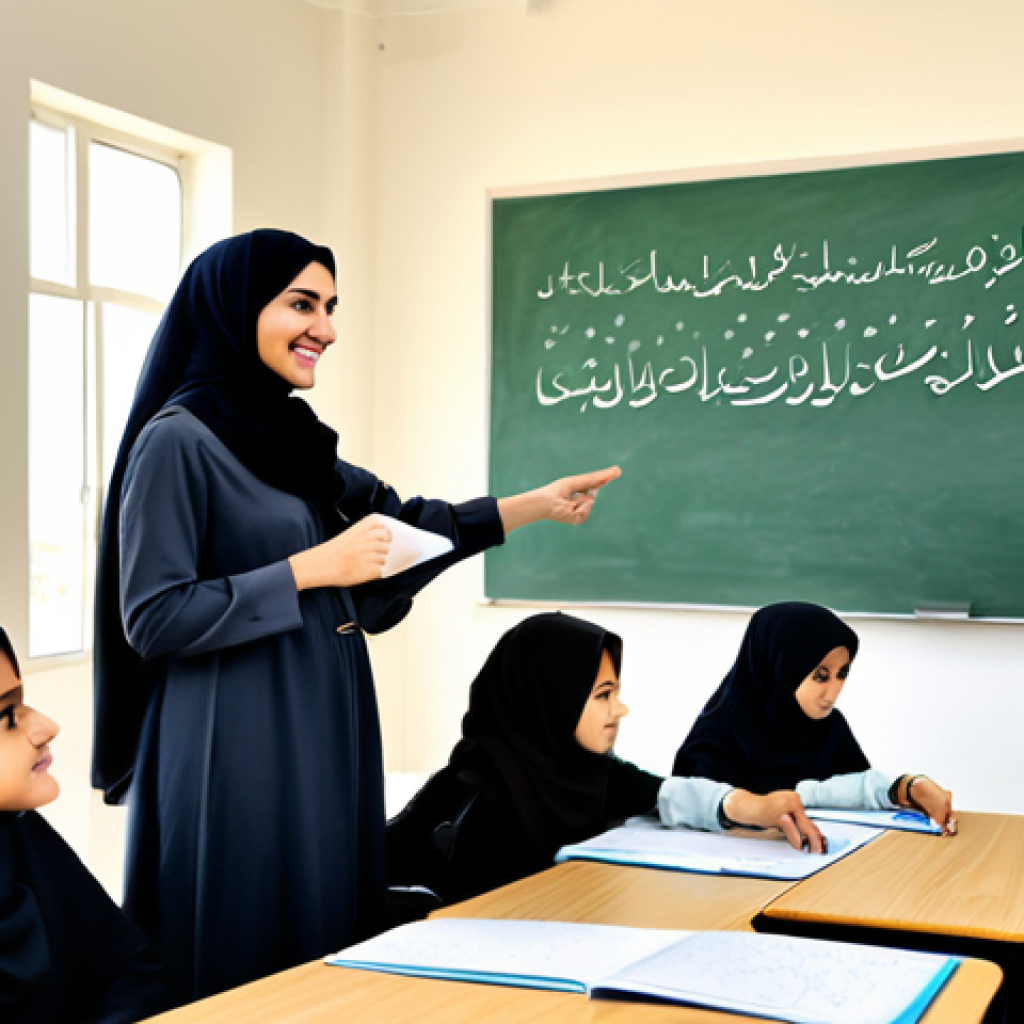 **
"A professional female teacher in a modest, elegant hijab and appropriate professional dress, interacting with students in a bright, modern classroom decorated with Arabic calligraphy. Students are attentively engaged in a group project. Focus on positive interactions and a supportive learning environment. Safe for work, appropriate content, fully clothed, professional, modest, family-friendly, perfect anatomy, correct proportions, natural pose, well-formed hands, proper finger count, natural body proportions, high quality."
**