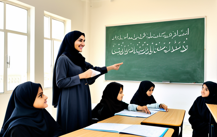 **
"A professional female teacher in a modest, elegant hijab and appropriate professional dress, interacting with students in a bright, modern classroom decorated with Arabic calligraphy. Students are attentively engaged in a group project. Focus on positive interactions and a supportive learning environment. Safe for work, appropriate content, fully clothed, professional, modest, family-friendly, perfect anatomy, correct proportions, natural pose, well-formed hands, proper finger count, natural body proportions, high quality."
**