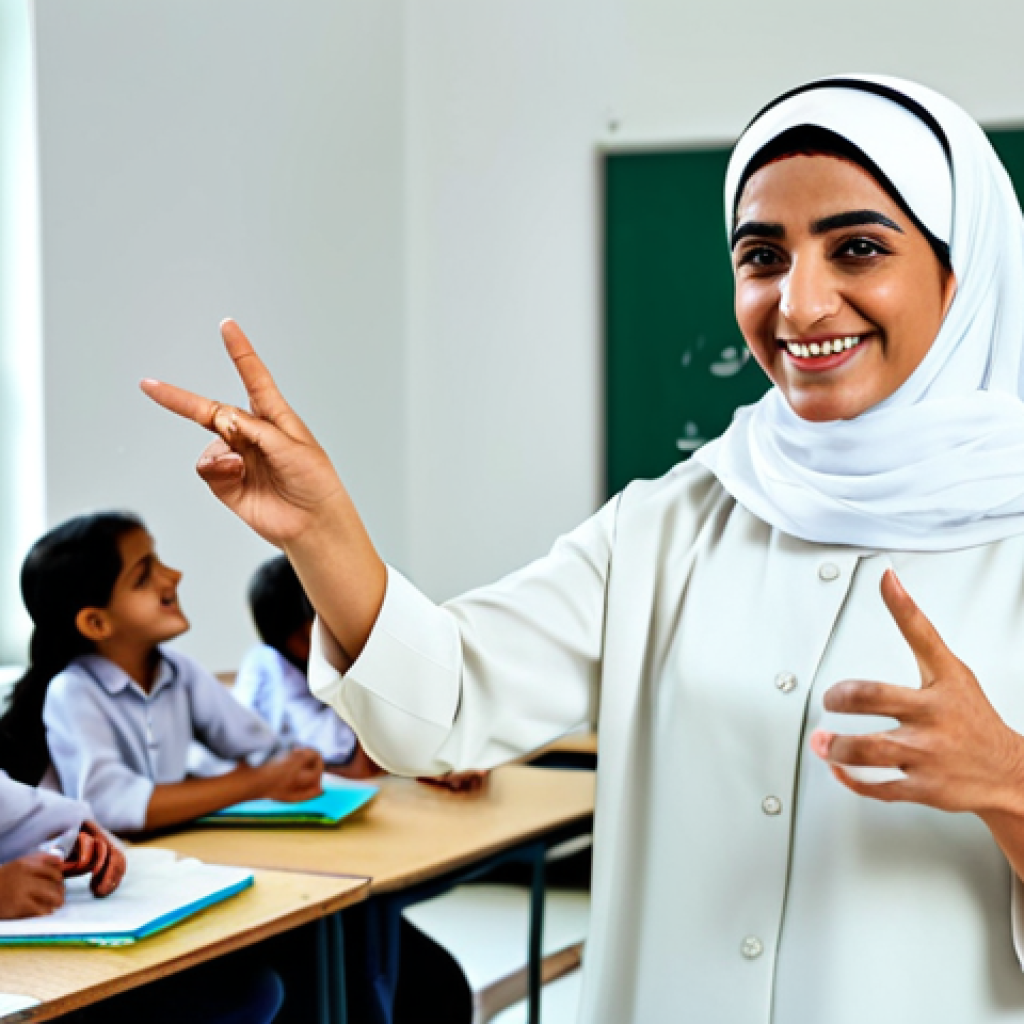 The Inspiring Teacher**
A warm and encouraging Arab teacher, fully clothed in professional, modest attire suitable for a classroom setting. She is smiling and gesturing while teaching a class of engaged students in a brightly lit, modern classroom decorated with educational posters in Arabic script. The scene emphasizes a positive learning environment. Safe for work, appropriate content, professional, family-friendly, perfect anatomy, correct proportions, natural pose, well-formed hands, proper finger count, natural body proportions, high quality.
**