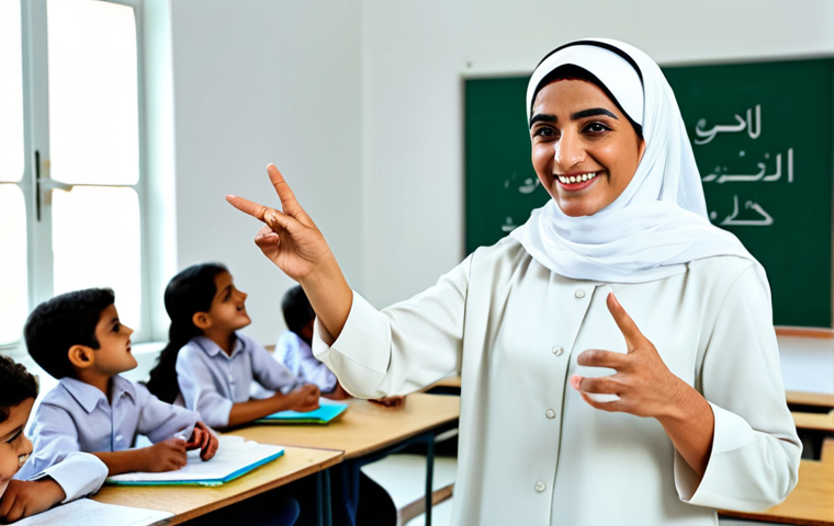 The Inspiring Teacher**
A warm and encouraging Arab teacher, fully clothed in professional, modest attire suitable for a classroom setting. She is smiling and gesturing while teaching a class of engaged students in a brightly lit, modern classroom decorated with educational posters in Arabic script. The scene emphasizes a positive learning environment. Safe for work, appropriate content, professional, family-friendly, perfect anatomy, correct proportions, natural pose, well-formed hands, proper finger count, natural body proportions, high quality.
**