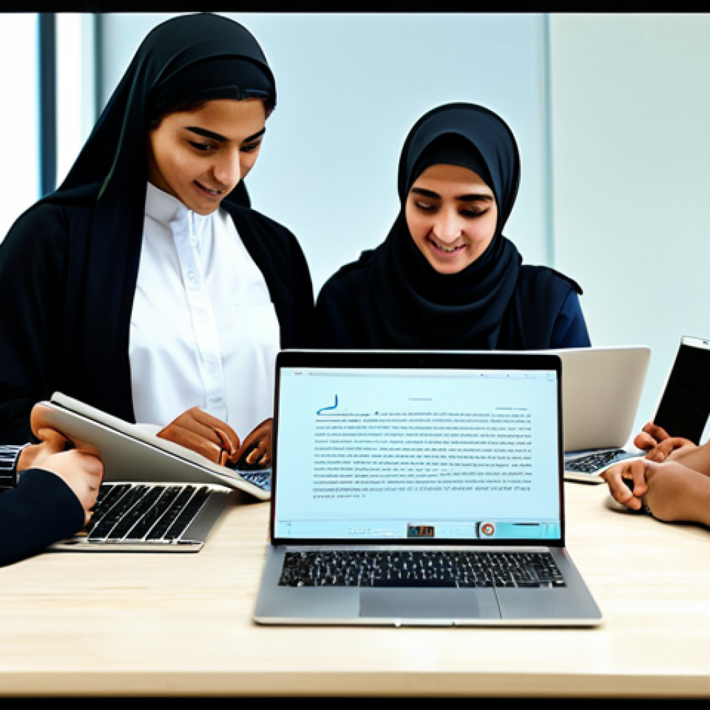 **
"A diverse group of students, fully clothed in modest attire, collaborating on a digital project in a modern, sunlit classroom. Laptops and tablets display Arabic text and graphics. Background includes traditional Arabic patterns subtly integrated. Safe for work, appropriate content, professional, family-friendly, perfect anatomy, natural proportions, high resolution."
**