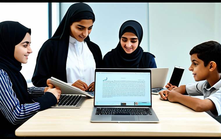 **

"A diverse group of students, fully clothed in modest attire, collaborating on a digital project in a modern, sunlit classroom. Laptops and tablets display Arabic text and graphics. Background includes traditional Arabic patterns subtly integrated. Safe for work, appropriate content, professional, family-friendly, perfect anatomy, natural proportions, high resolution."

**