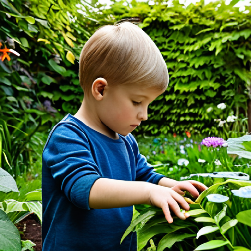 체험 기반 교육의 커리큘럼 개발 전략 - Sensory Exploration**
"A young, fully clothed child exploring textures in a garden, touching leaves...