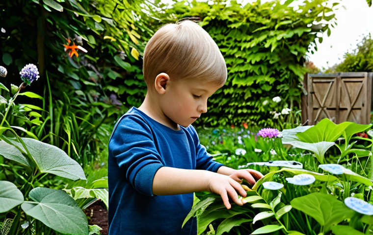 체험 기반 교육의 커리큘럼 개발 전략 - Sensory Exploration**
"A young, fully clothed child exploring textures in a garden, touching leaves...