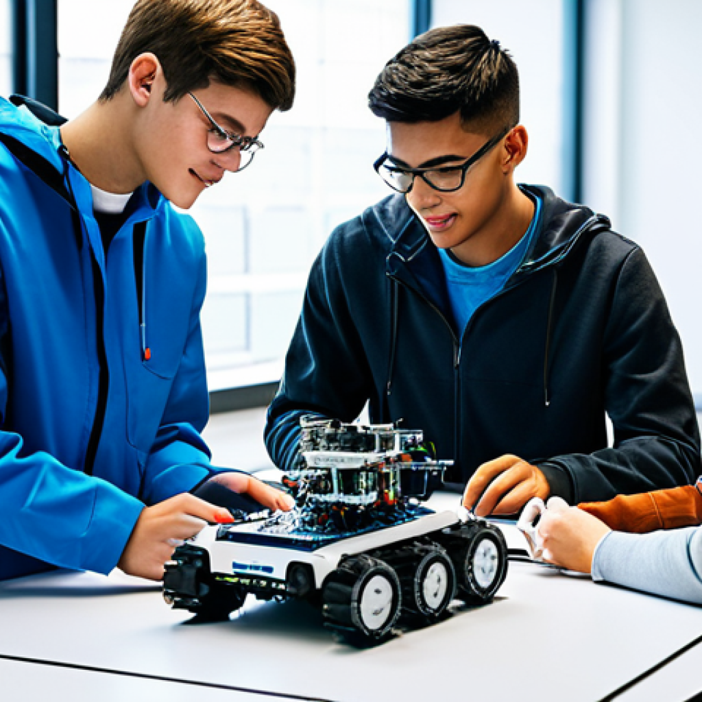 체험 기반 교육과 자기주도 학습 - Engineering Project**
"A group of young, diverse engineering students working together on a robotic...