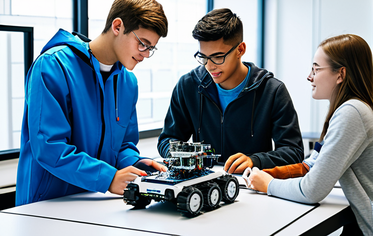 체험 기반 교육과 자기주도 학습 - Engineering Project**
"A group of young, diverse engineering students working together on a robotic...