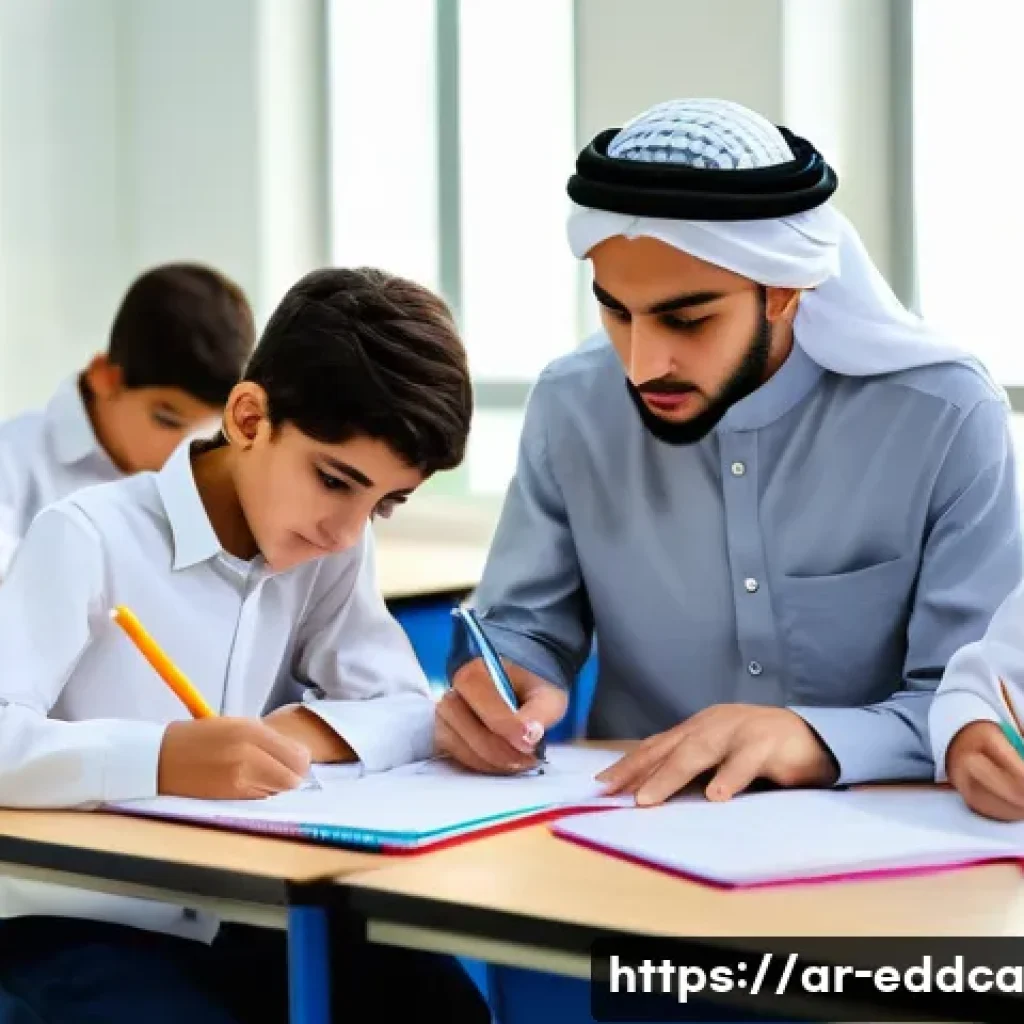 체험 기반 교육의 평가 방법과 기준 - A detailed classroom scene in a modern Middle Eastern educational setting, featuring a diverse group...