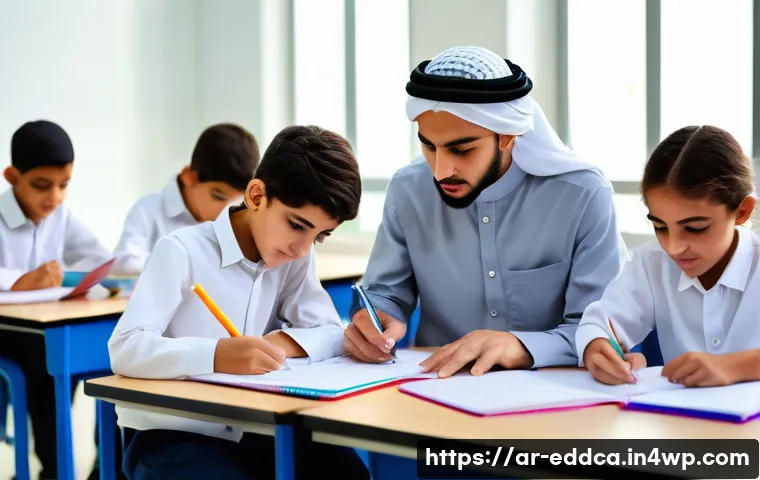 체험 기반 교육의 평가 방법과 기준 - A detailed classroom scene in a modern Middle Eastern educational setting, featuring a diverse group...