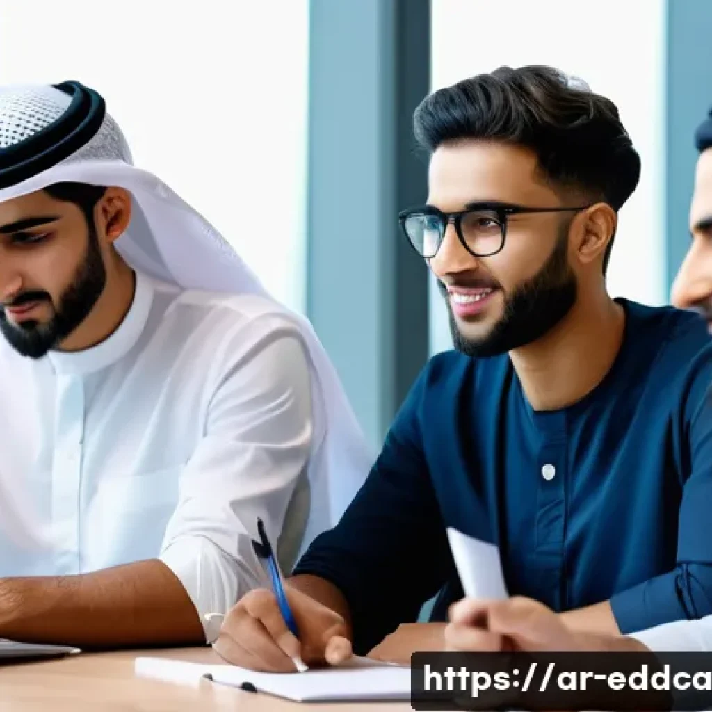 체험 기반 교육과 소셜 스킬 개발 - A diverse group of young Arab professionals participating in a hands-on workshop inside a modern con...
