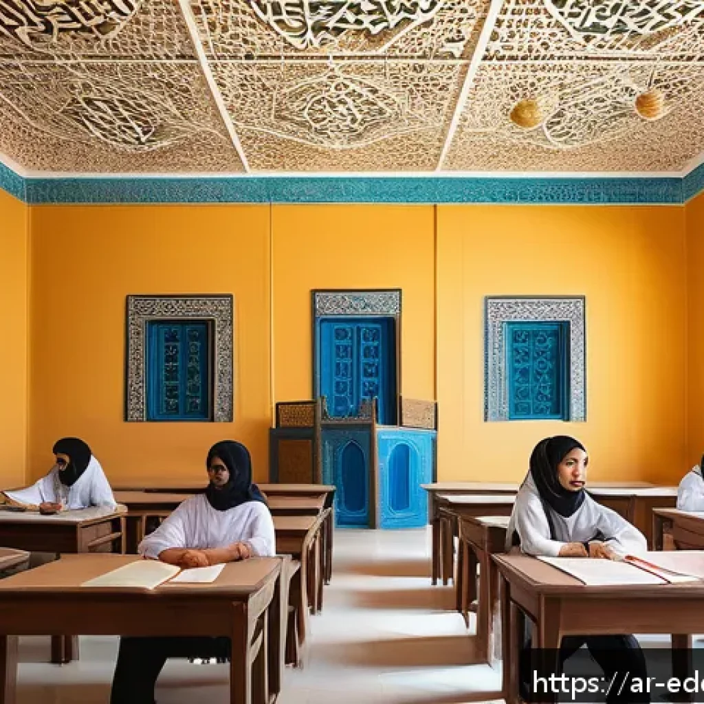 체험 기반 교육의 문화적 요소 - A vibrant classroom scene in an Arabic school where a diverse group of students attentively listen t...
