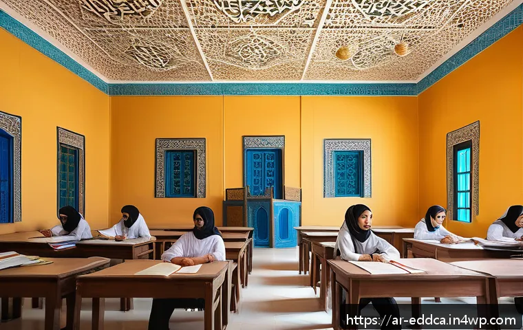 체험 기반 교육의 문화적 요소 - A vibrant classroom scene in an Arabic school where a diverse group of students attentively listen t...