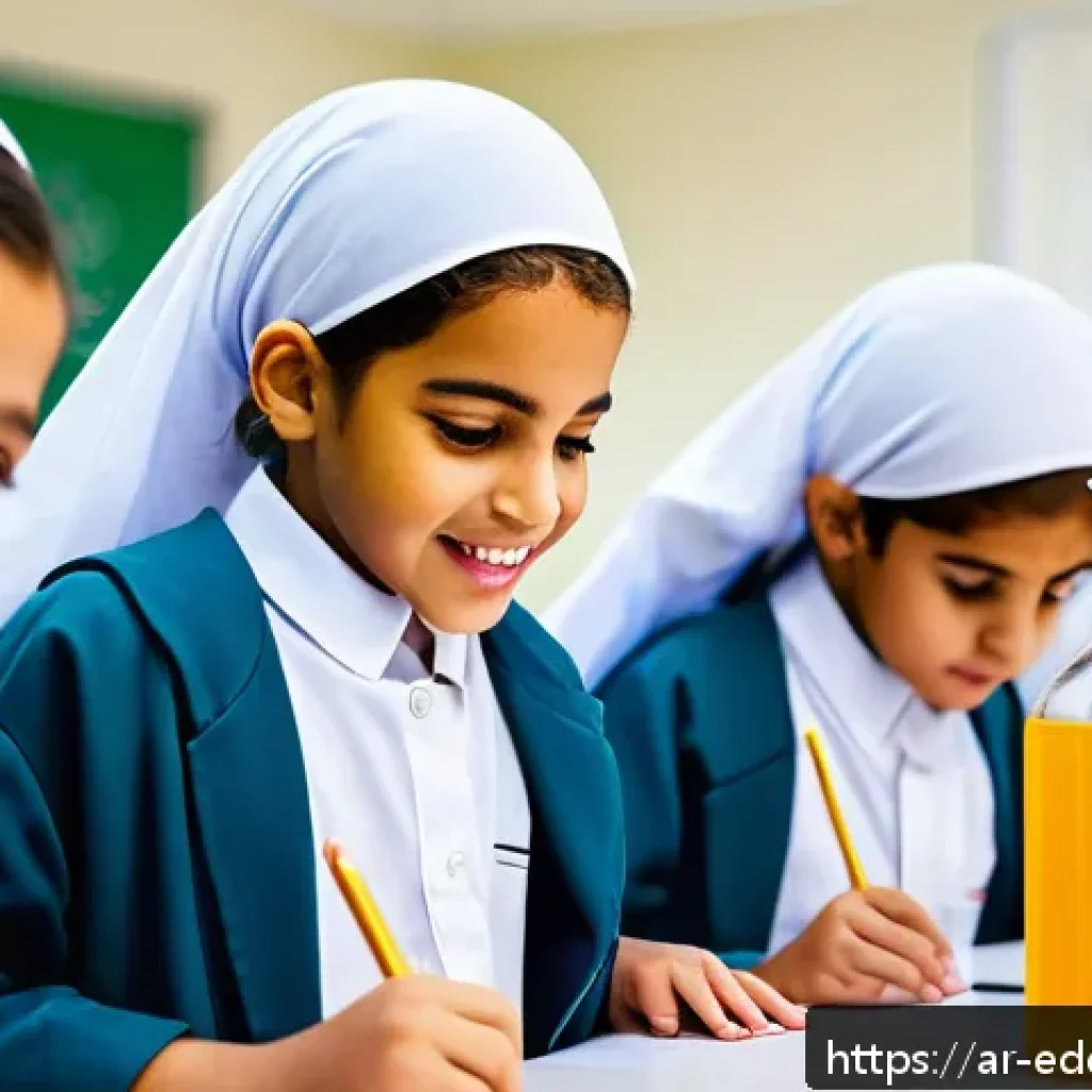 교육 현장에서 체험 기반 학습 적용 가이드 - A vibrant classroom scene in a modern Arabic school setting, featuring diverse students actively eng...