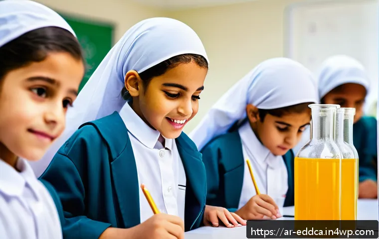 교육 현장에서 체험 기반 학습 적용 가이드 - A vibrant classroom scene in a modern Arabic school setting, featuring diverse students actively eng...