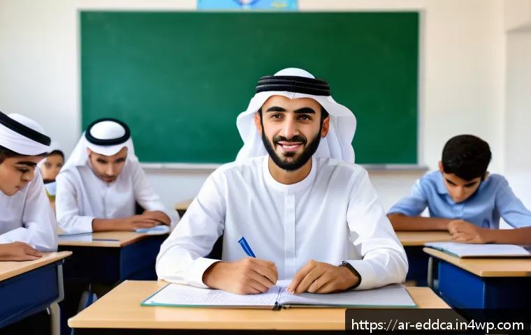 체험 기반 교육에서의 상호작용의 중요성 - A modern classroom scene in a Middle Eastern school setting, with diverse Arab students aged around ...