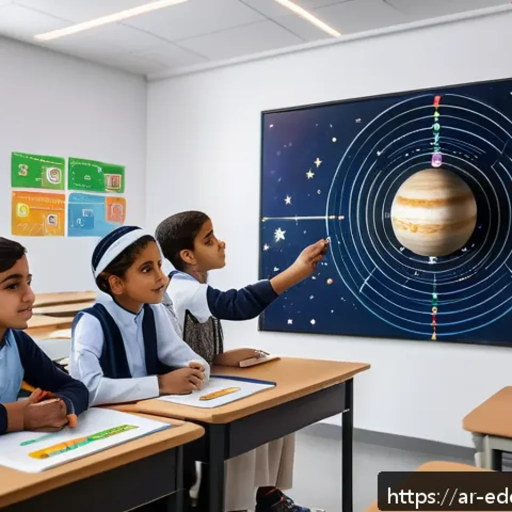 체험 기반 교육 프로그램의 설계 원칙 - A modern Arabic classroom scene featuring diverse students engaged in an interactive lesson using au...
