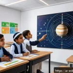 Home 18 체험 기반 교육 프로그램의 설계 원칙 - A modern Arabic classroom scene featuring diverse students engaged in an interactive lesson using au...