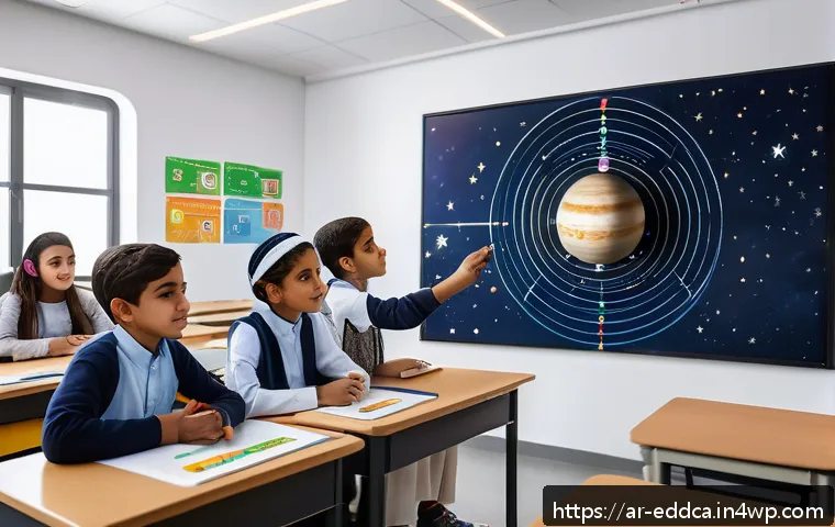 체험 기반 교육 프로그램의 설계 원칙 - A modern Arabic classroom scene featuring diverse students engaged in an interactive lesson using au...
