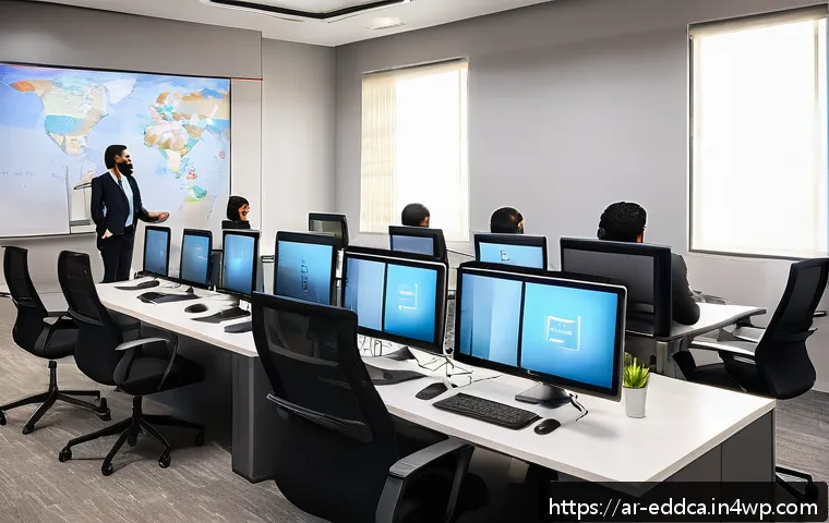 체험 기반 교육이 기업 교육에 미치는 영향 - A modern corporate training room in a Middle Eastern office setting, showing a diverse group of Arab...